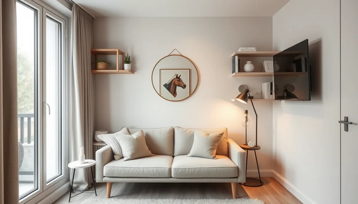 Petit studio aménagé intelligemment : canapé compact, étagères murales et miroir agrandissant l'espace