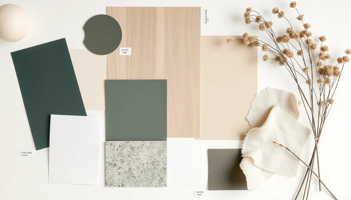Planche d'ambiance déco avec nuancier de peinture, échantillons de bois et de pierre et pièces de lin