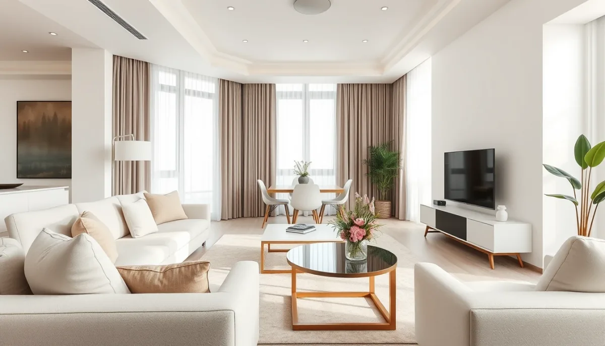 Salon d'appartement vide meublé virtuellement avec un mobilier neutre et élégant pour une annonce immobilière