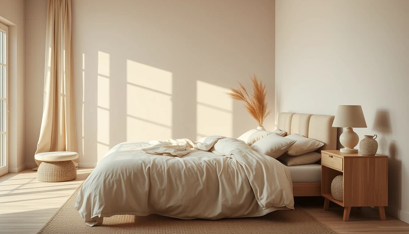 Chambre en style scandinave générée par l'IA de décoration intérieure : lumière douce, bois clair et textiles naturels
