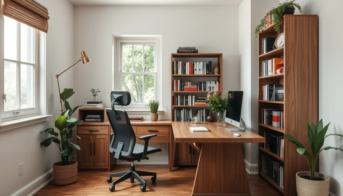 Bureau à domicile aménagé par l'IA : plan de travail en chêne face à la fenêtre