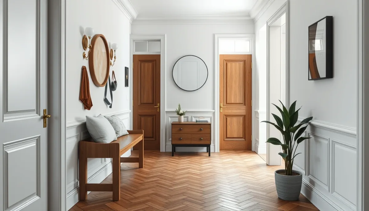 Entrée d'appartement aménagée par l'IA : banc en chêne, patères en laiton et miroir rond