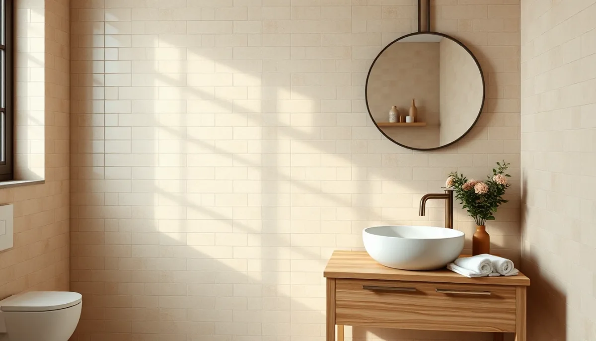 Salle de bain redécorée par l'IA : zellige sable et meuble vasque en chêne