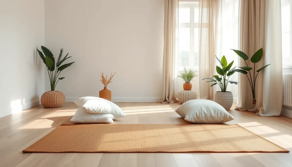 Salle de yoga aménagée par l'IA : tapis en liège, rideaux en lin et plantes
