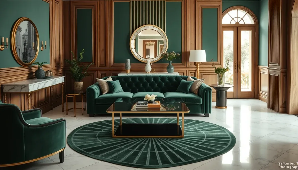 Salon art déco généré par l'IA : canapé en velours émeraude, détails en laiton, console en marbre et motifs géométriques