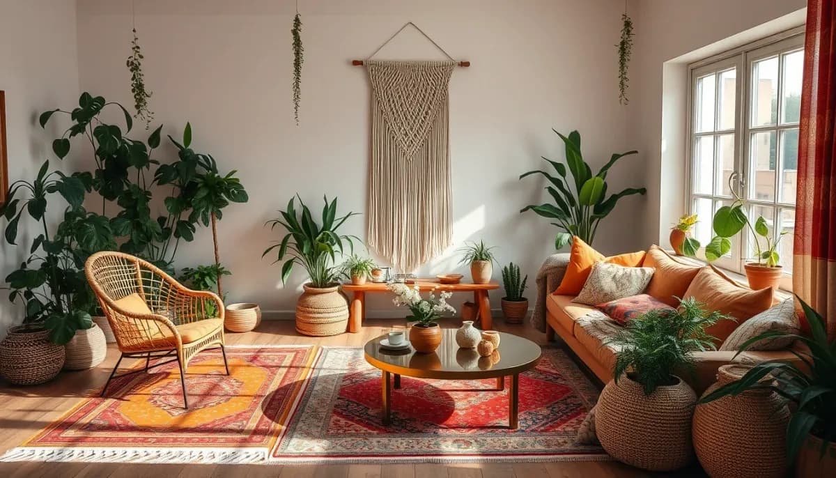Salon bohème généré par l'IA : tapis superposés, fauteuil en rotin, macramé mural et plantes retombantes