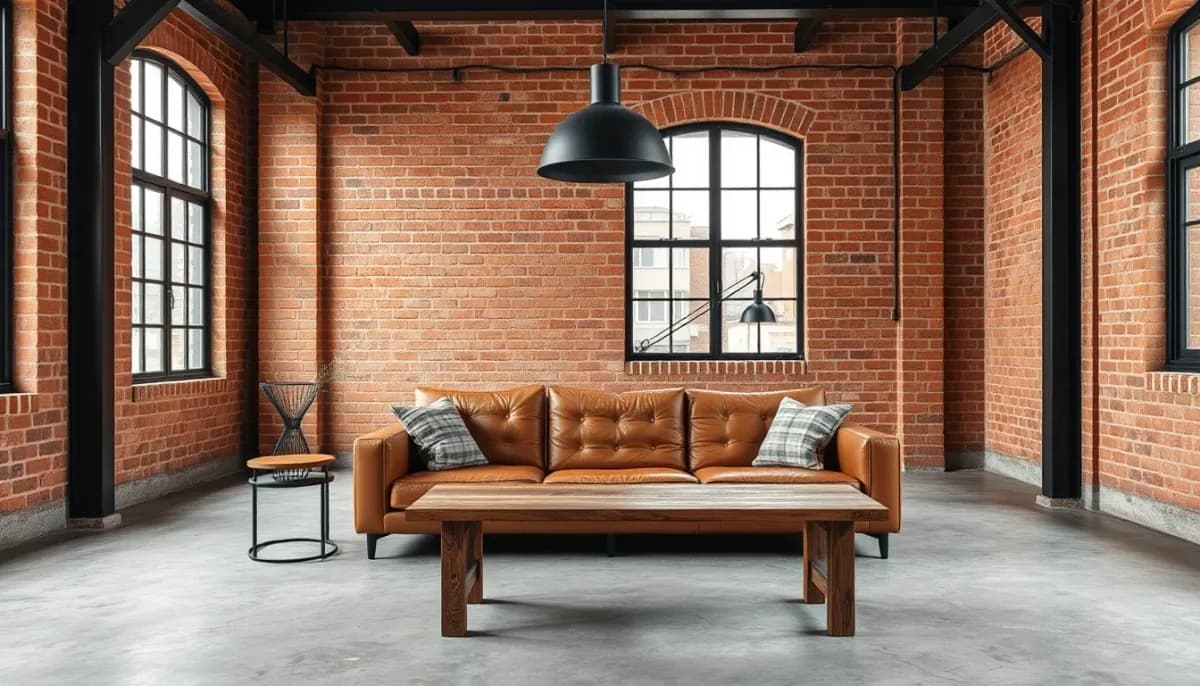 Salon industriel généré par l'IA : mur de brique, verrière en acier noir, canapé en cuir fauve et suspensions métalliques