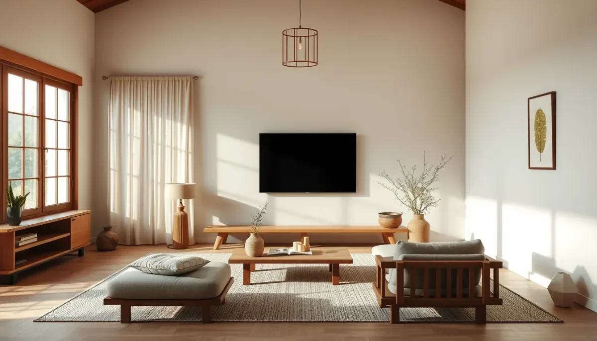 Salon japandi généré par l'IA : mobilier bas en noyer, tons écru et argile, vase en grès avec une branche