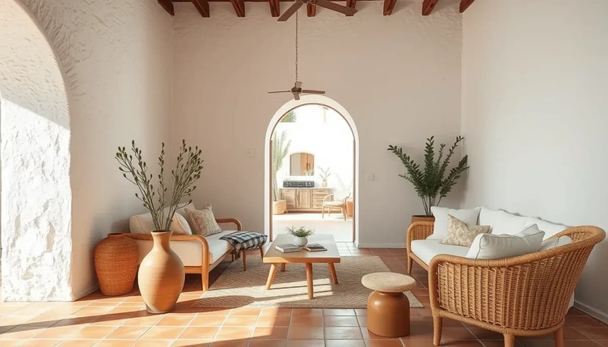 Salon méditerranéen généré par l'IA : murs à la chaux texturés, arche, sol en terre cuite et mobilier en fibres naturelles