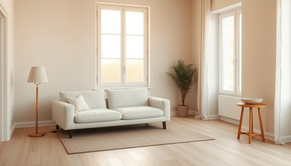 Salon minimaliste généré par l'IA : murs blancs, canapé bas beige, lampe sculpturale et grandes surfaces vides
