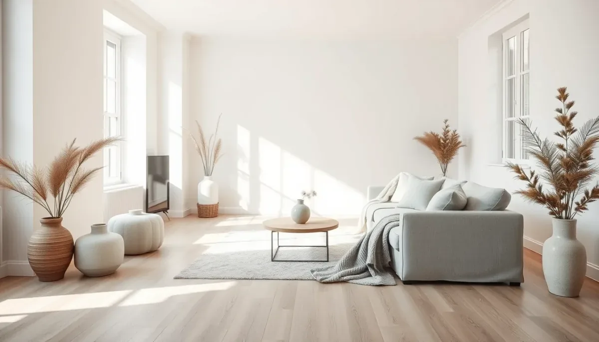 Salon de style scandinave généré par l'IA : parquet en chêne clair, murs blancs, canapé en lin gris et plaid en laine