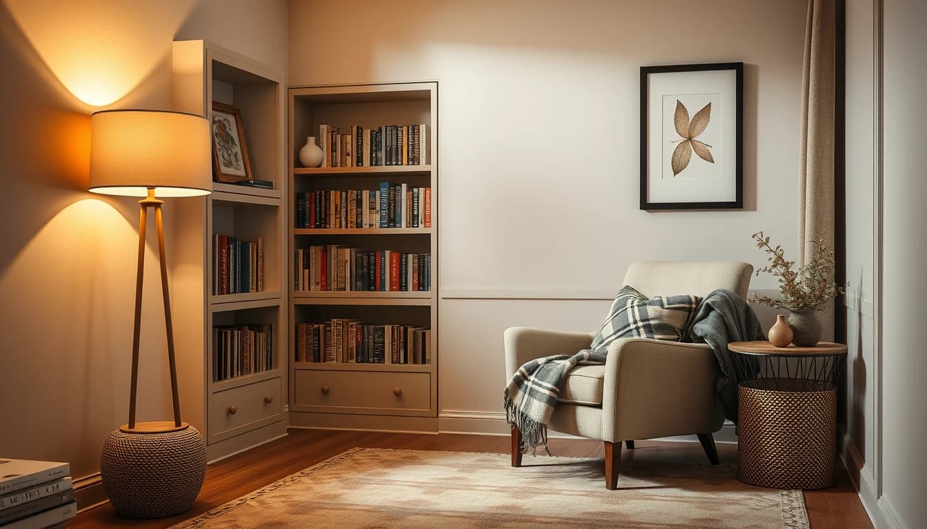 Coin lecture cosy avec fauteuil et bibliothèque créé par l'IA DecorAI