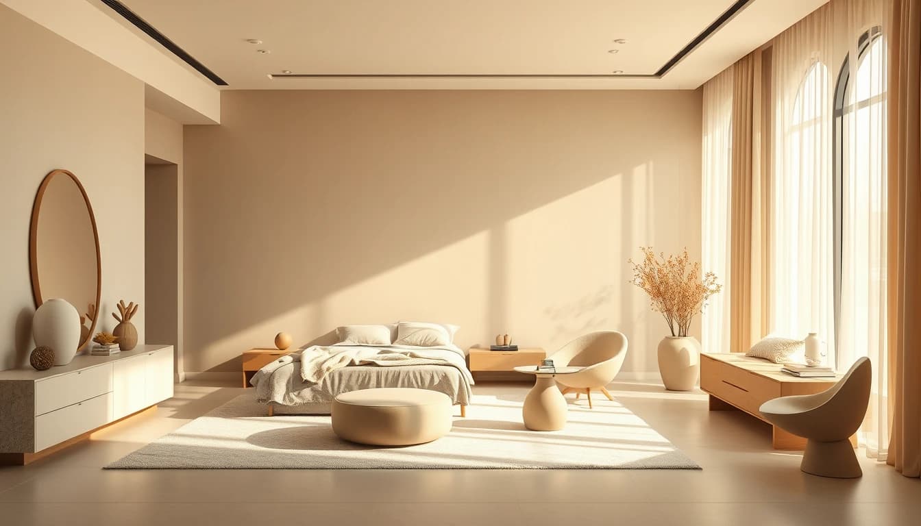 Chambre conceptuelle sereine générée à partir d'une description texte