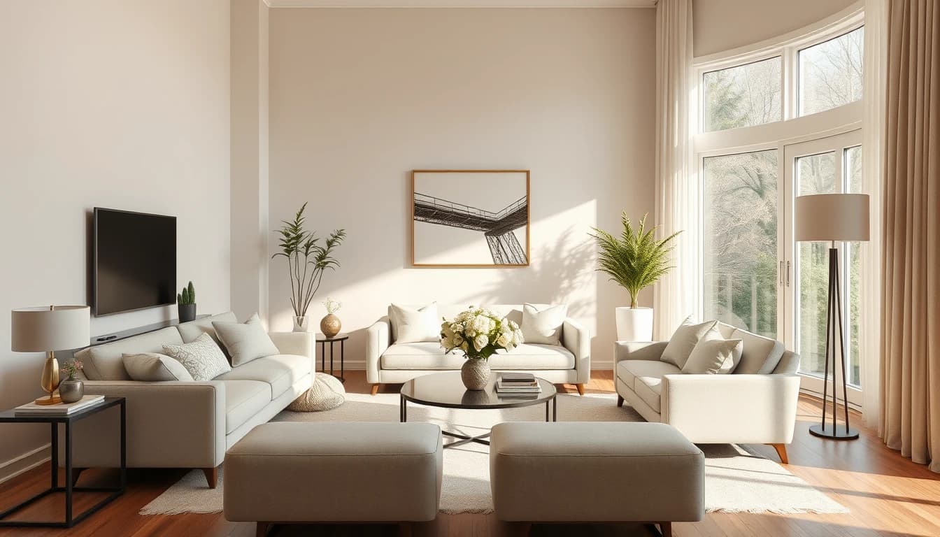 Salon lumineux meublé par home staging virtuel pour une annonce immobilière