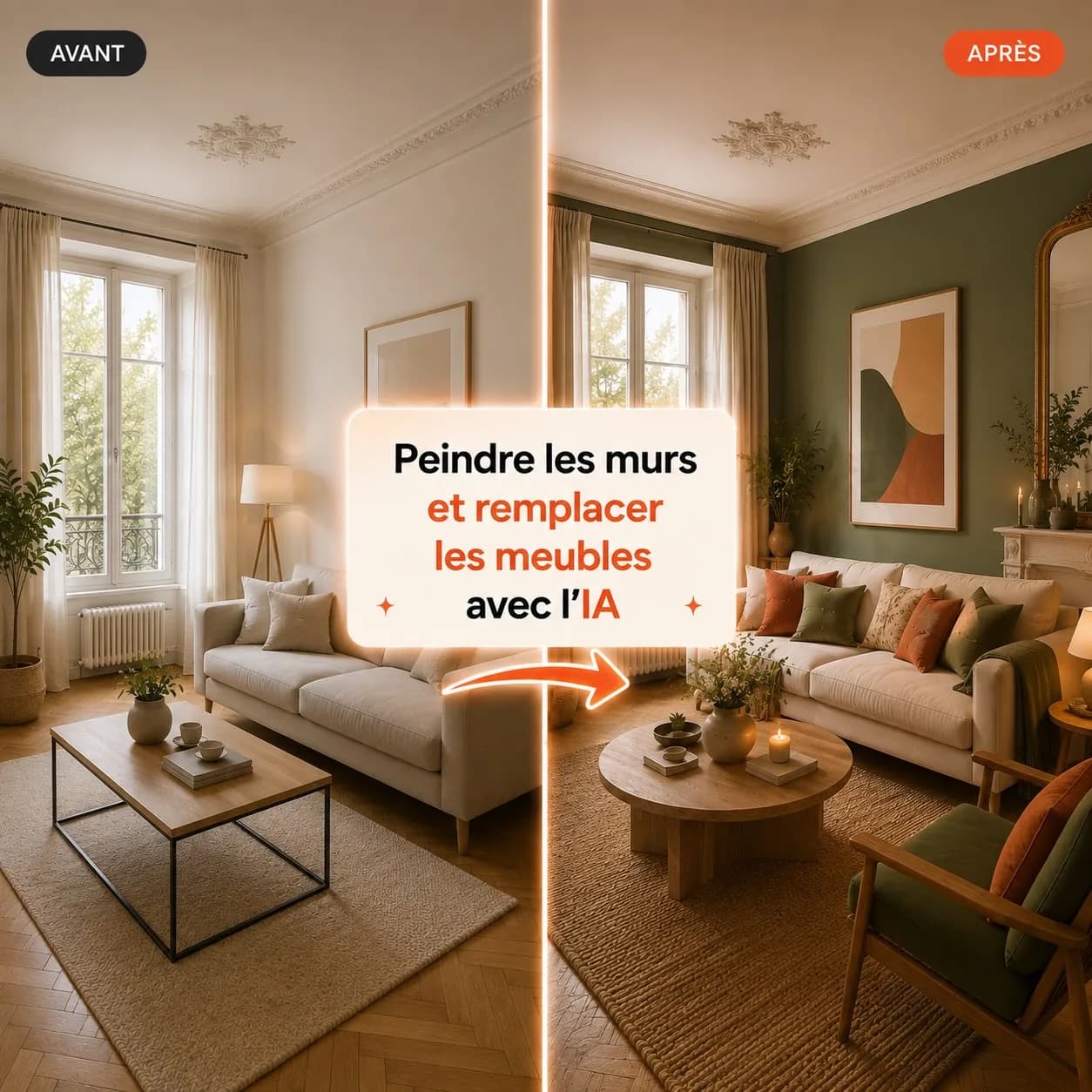 Avant/après DecorAI : peindre les murs en vert sauge et remplacer les meubles d'un salon haussmannien avec l'IA