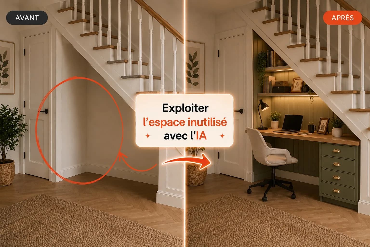 Avant/après DecorAI : un dessous d'escalier inutilisé transformé en coin bureau par l'IA d'aménagement intérieur