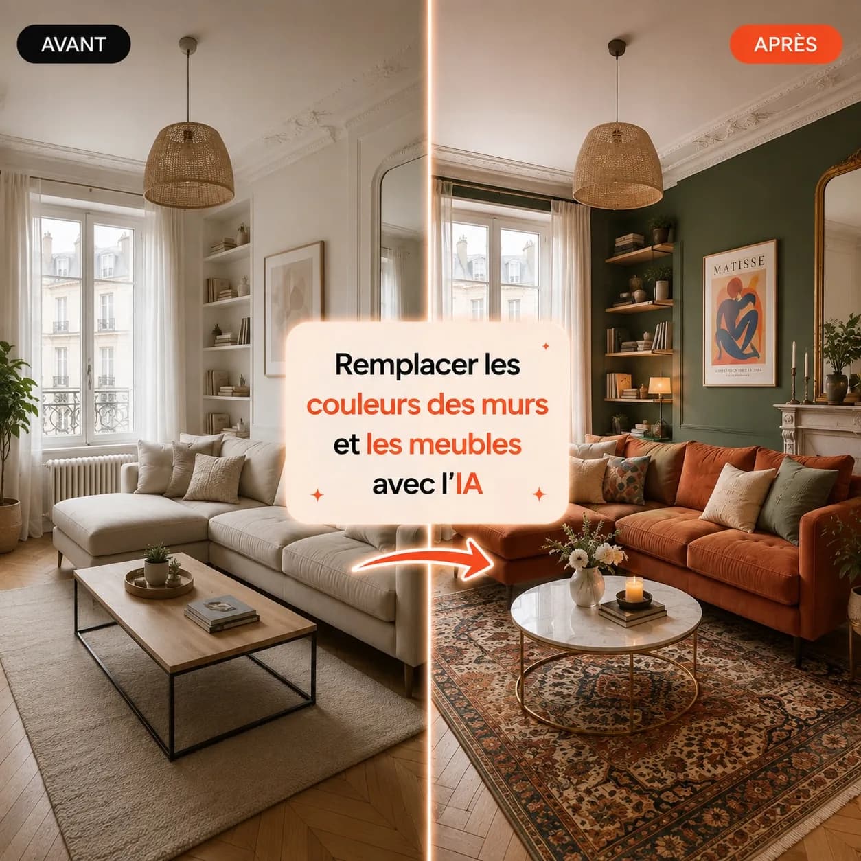 Avant/après DecorAI : nouvelles couleurs de murs, tapis et canapé terracotta visualisés par l'IA de décoration
