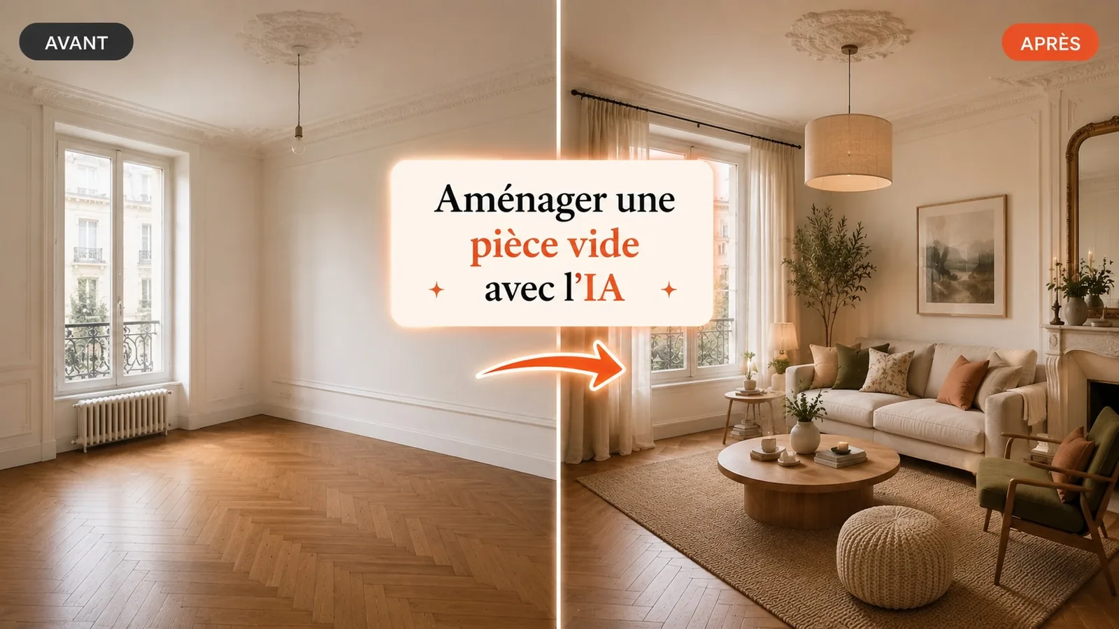 Avant/après : une pièce vide meublée virtuellement en salon chaleureux pour une annonce immobilière